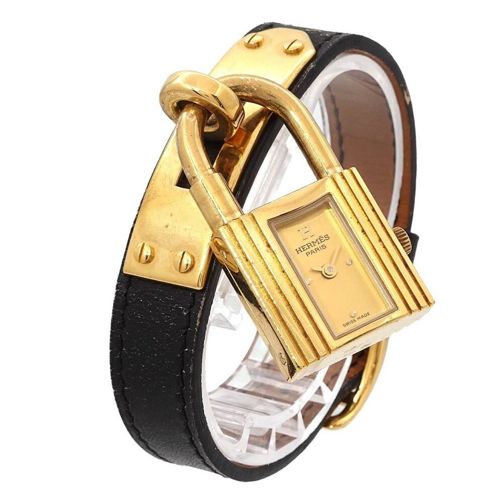 Hermes Gold Padlock Watch on Black Leather Strap - Picture 2 of 9
